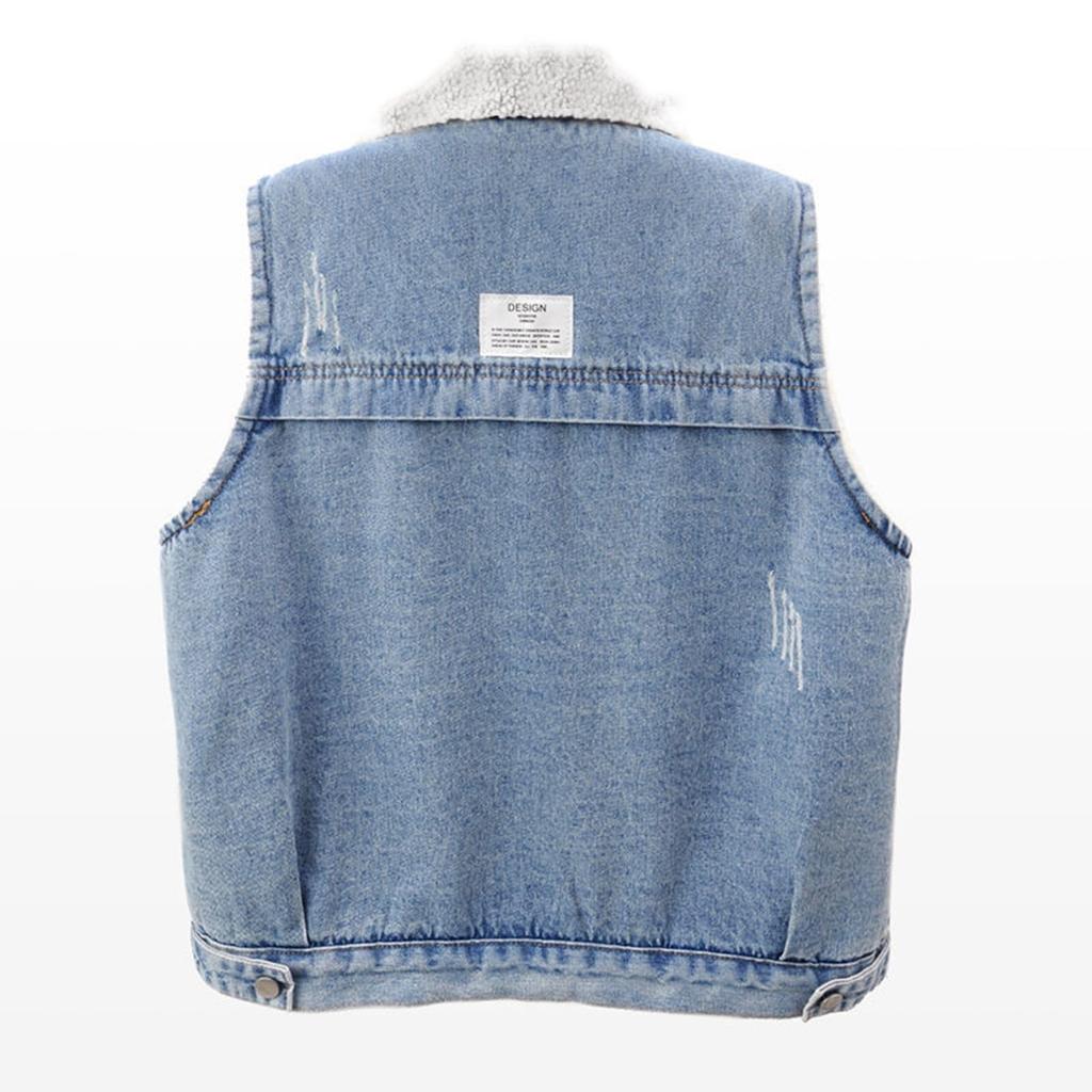 Dameplysjvest med ermløs lammeull og fortykket stoff, denimvest