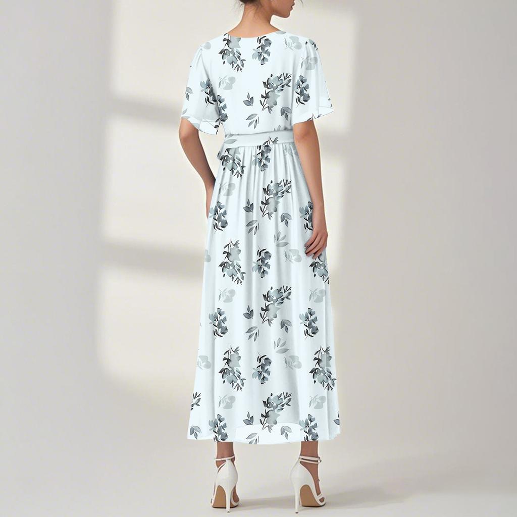Women's Summer Floral Bohemian Dress Wrap V Neck Short Sleeves Ruffle A-Line Flowy Maxi Dress Summer Dresses For Women
