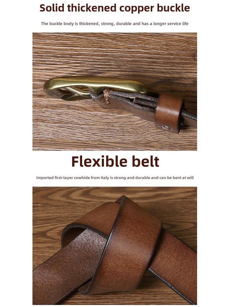 Męski modny pasek ze skóry retro szczotkowanej ręcznie z miedzianą klamrą szpilkową