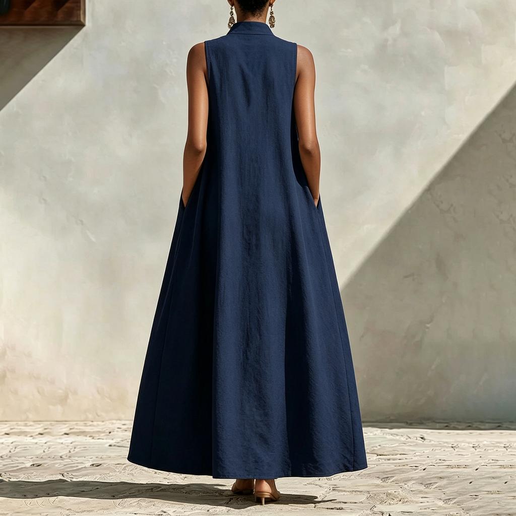 Women Sleeveless Maxi Dress V Neck Loose Fit Wide Swing Casual Summer Vacation Long Dress with Pockets