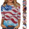 T-shirt Top Décontracté Tendance pour Femme Imprimé Drapeau Américain et Étoiles Fête de l'Indépendance Manches Trois-Quarts Col Rond