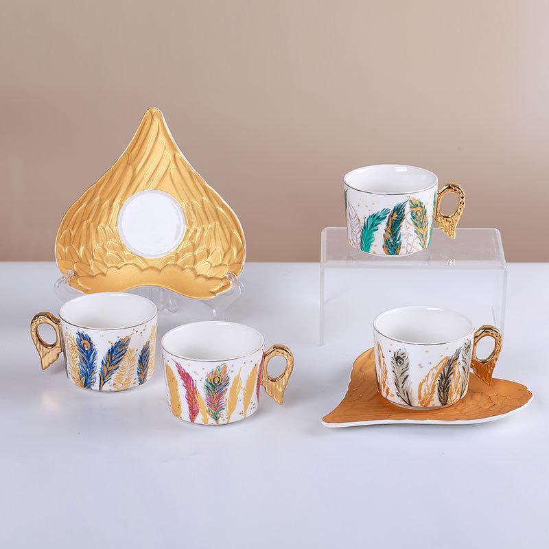 European-style Ceramic Feather Coffee Cup Set Afternoon Tea Set Latte Flower Mug Dish Home Mug Set Home Decorative Drinkware