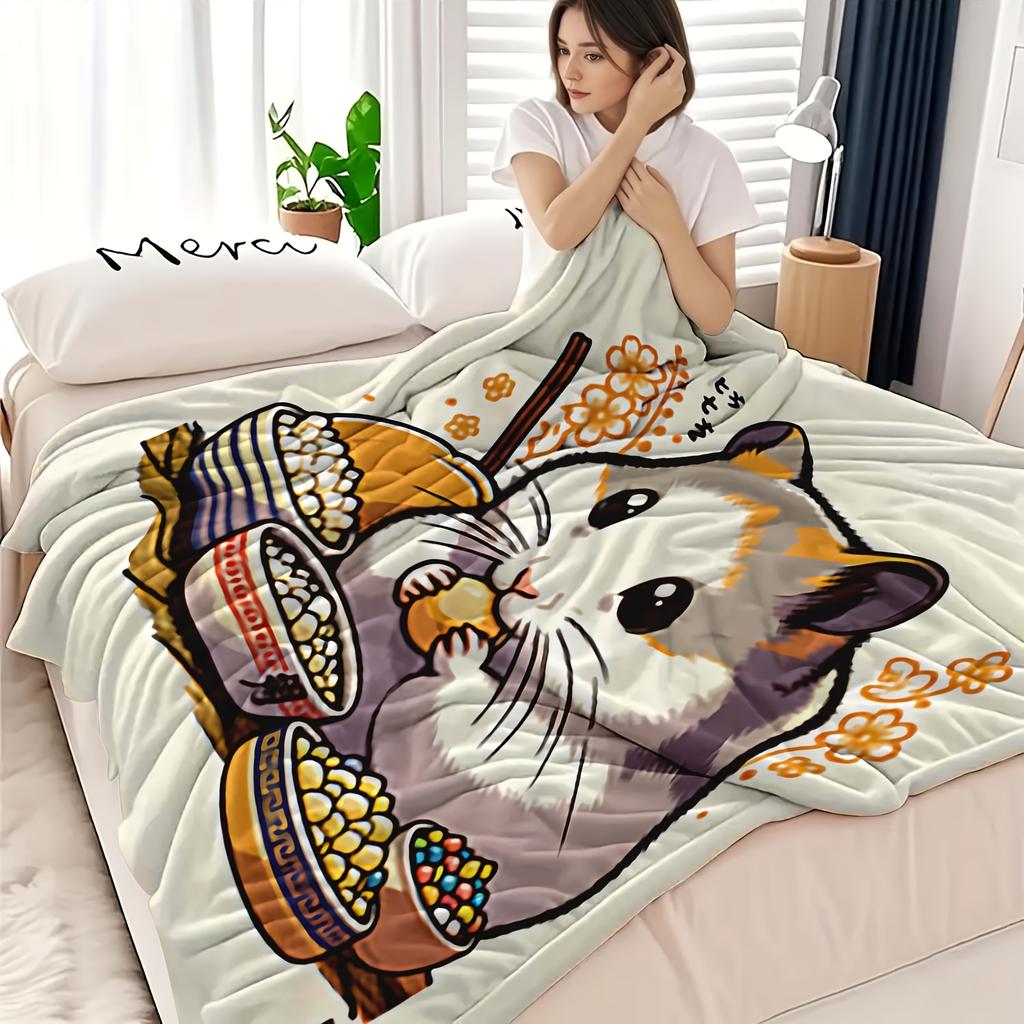 1pc Cute Pet Hamster Floral Fun Print Plush Blanket, Modern Style, Soft and Comfortable Blanket, Digital Printing, Suitable for All Seasons, Perfect f