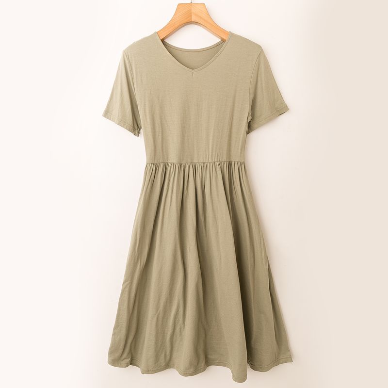 

Spring and Summer Export K-style New Arrival Casual Easiest for Match a Version Slimming V-neck Short Sleeve Pullover Dress Light army green M