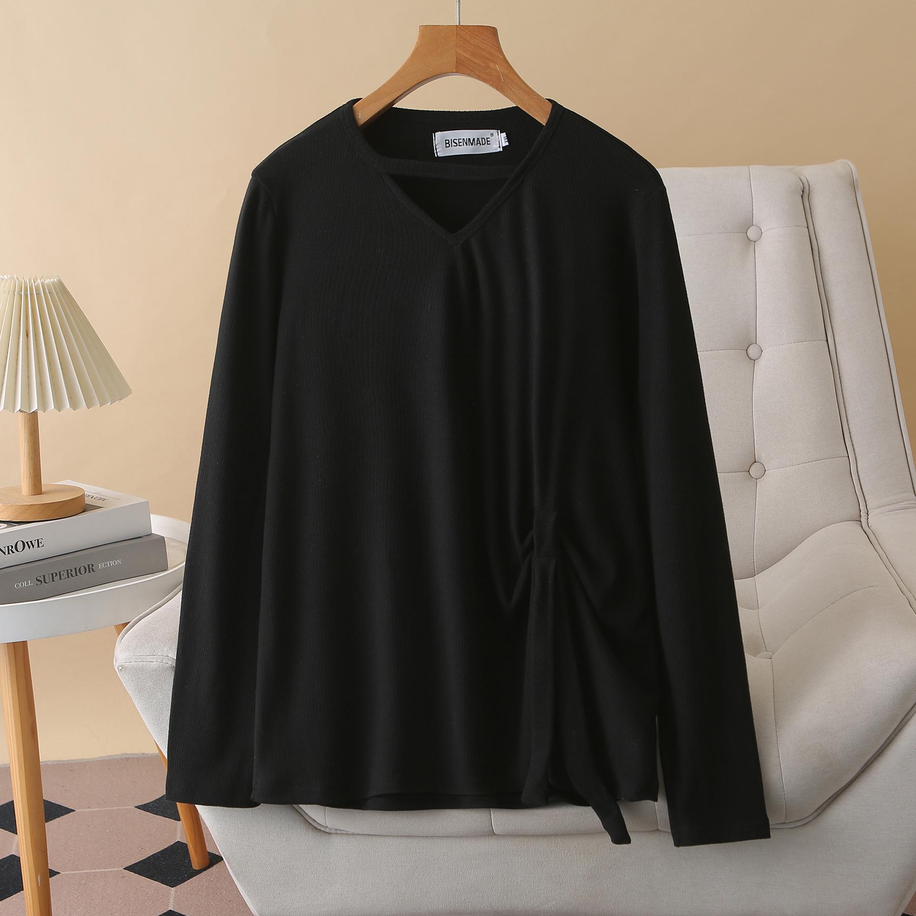 2026 Spring Plus Size Women s Long Sleeve Pleated V-Neck Slimming Base Layer Top 2XL