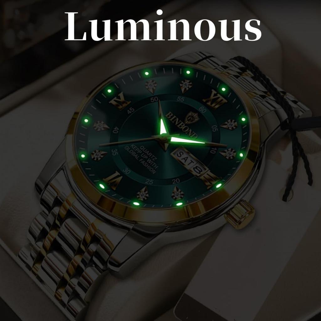 BINBOND Luxury Watch for Man Elegant Date Week Waterproof Luminous Men Watch Quartz Stainless Steel Sports Men's Watches