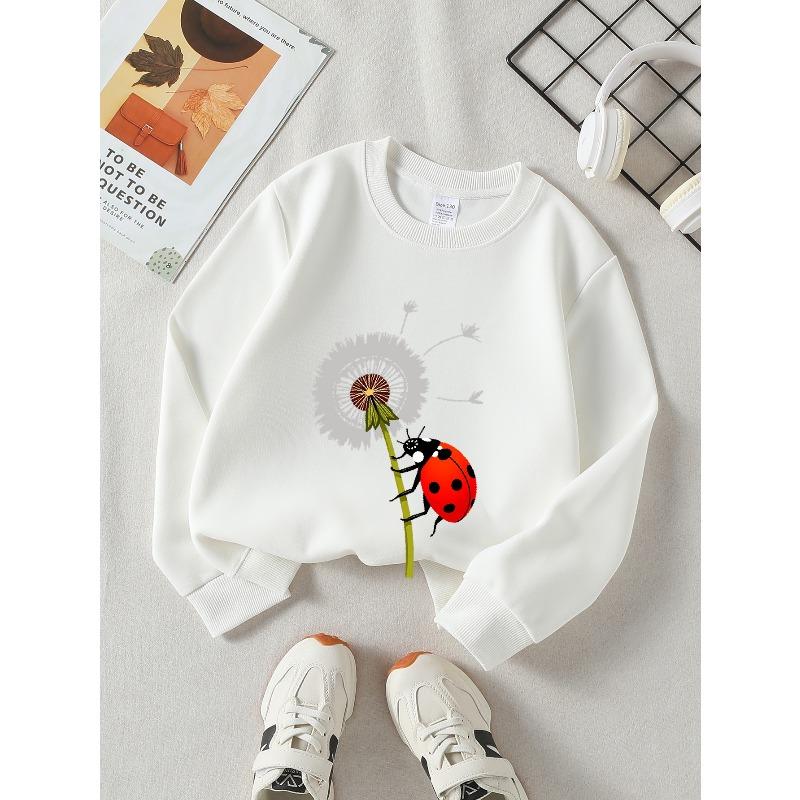 Kids Crew Neck Sweatshirt, Ladybug On Dandelion Stem Print, Soft Cozy Pullover,Daily Casual Top for Spring & Autumn