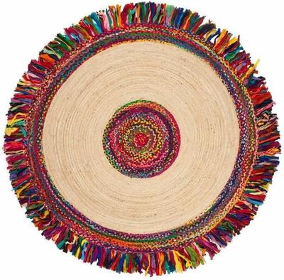 Tapis de sol rond en jute et coton naturel tressé fait main indien Aizza Trends - Tapis en jute - Salle à manger - Salon - Tapis de table centrale - Tapis de sol
