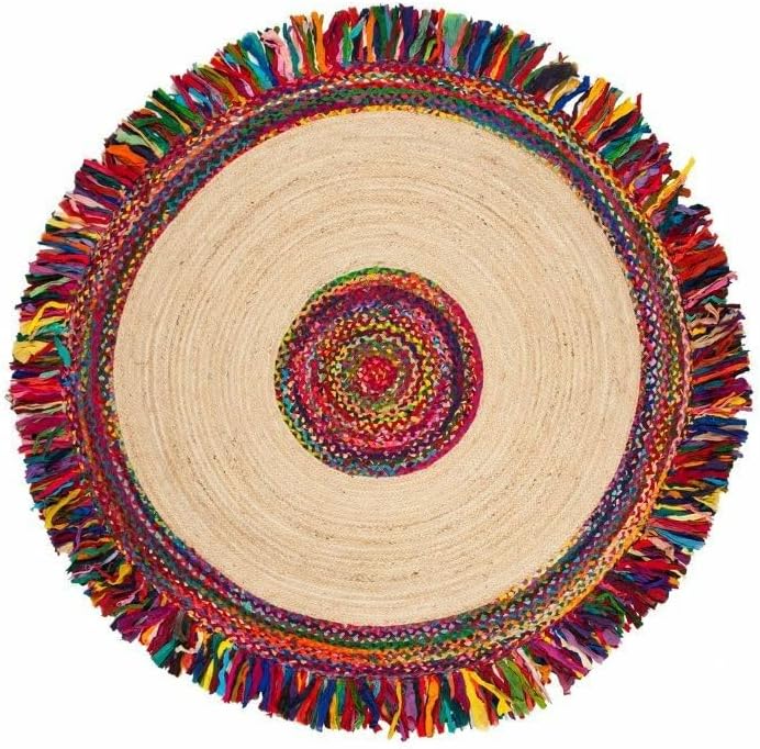 Aizza Trends Indian Handmade Braided Natural Jute and Cotton Round Floor Area Rug- Jute Rug- Dining Room- Living room-Center Table Carpet-Floor Mat