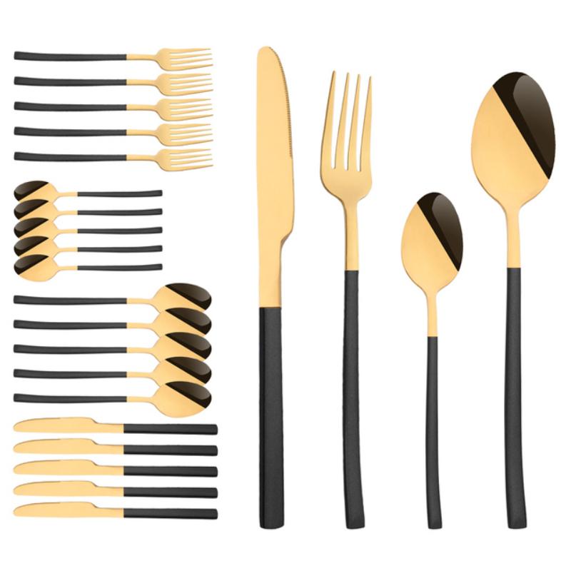 24 ks Moderní jídelní sada Nerezová sada nádobí Modrá Zlatá Nůž Vidlička Lžíce Čajová lžička Kuchyňská sada příborů