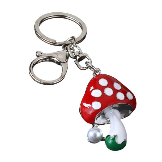 Zinc Alloy Keychain Pendant, Dripping Process Key Ring with Imitation Pearl Cartoon Mushroom Shape, Multiple Colors Bag Charm