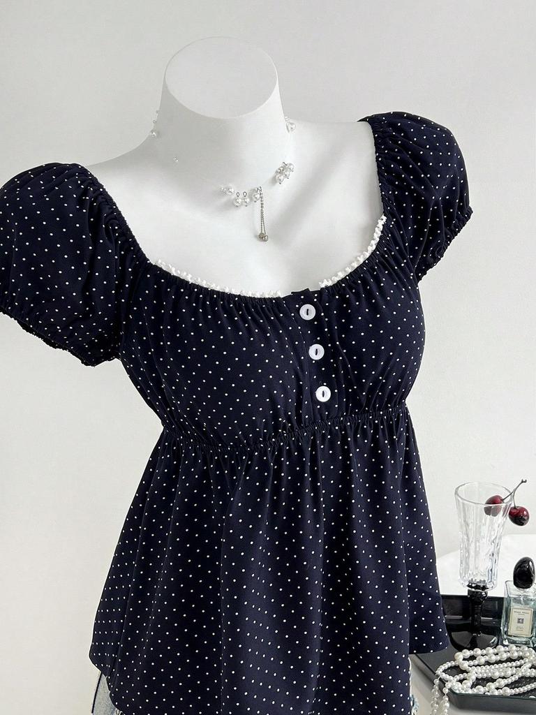 Top de Verano para Mujer con Lunares, Mangas Abullonadas, Efecto Adelgazante, Cintura Ceñida y Cuello Redondo