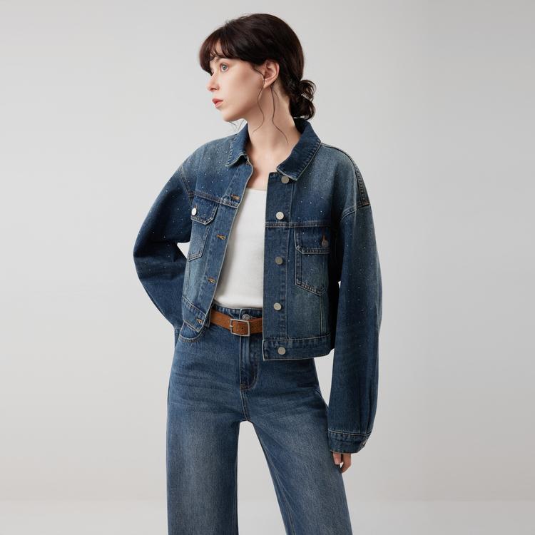 Elle French Style Rhinestone Fashion Design Casual Loose Versatile Long Sleeve Denim Jacket Women jackets L8AFS176