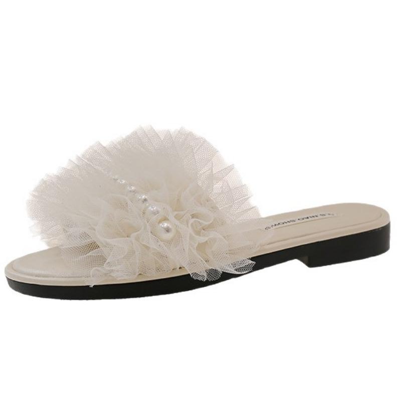 Mesh pearl one-word slippers women's summer new versatile skirt soft-soled casual cool slippers