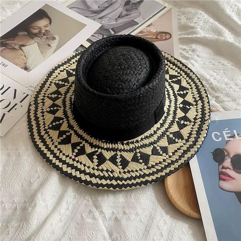 

Spring Summer New Ethnic Woven Straw Hat for Women, Boho Beach Vacation Sun Cap, UV Protection Travel Hat чорний