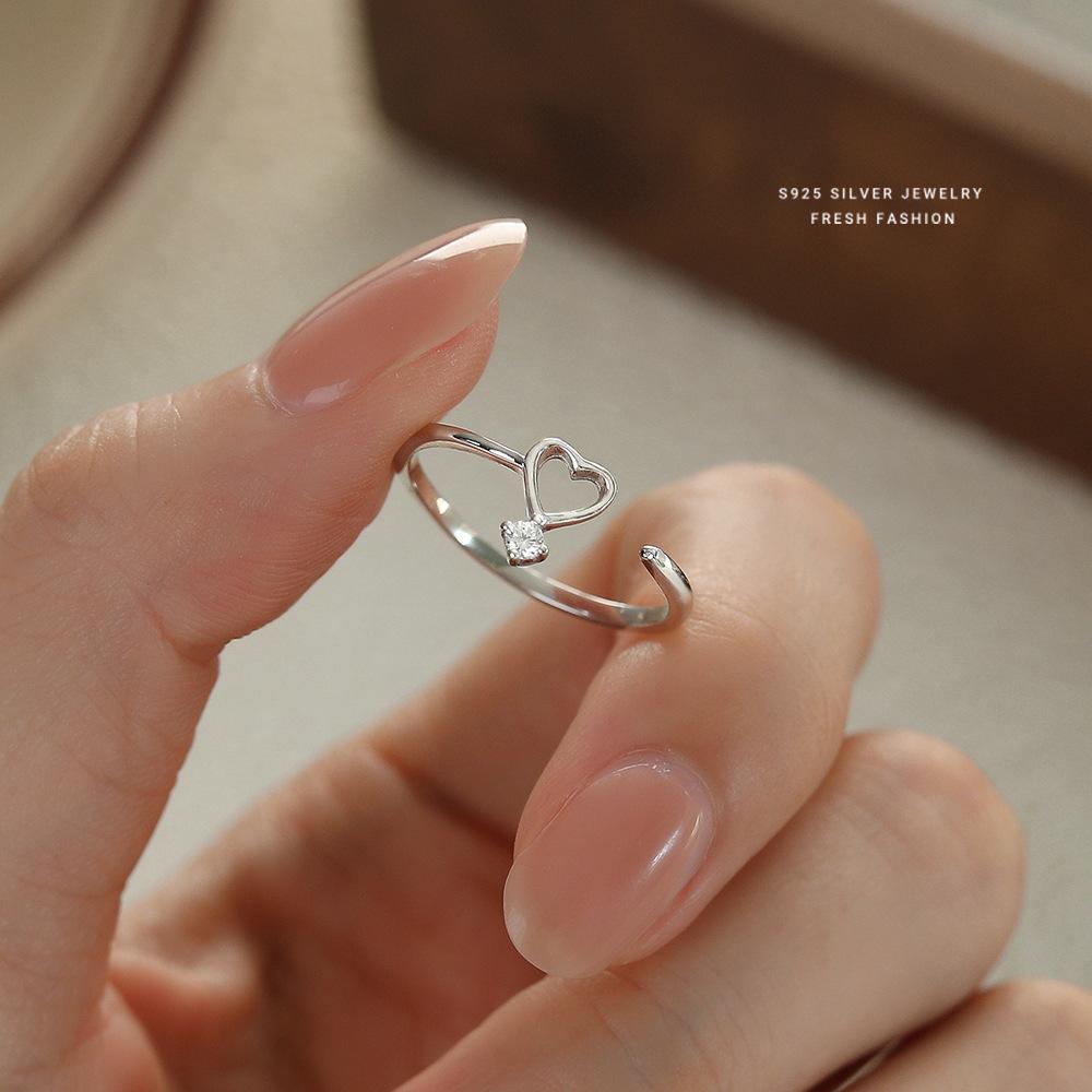 925 Sterling Silver Korean Sweet Zircon Hollow Opening Ring for Women Simple Luxury Party Jewelry Accessories