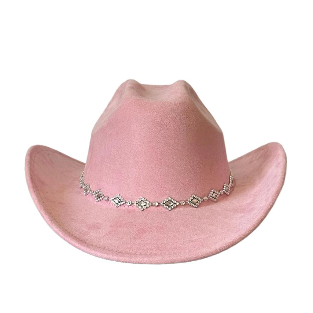 Rhombus Rhinestone Suede Cowboy Hat - Upturned Brim, Fluffy Design, Perfect for Parties or Gifts