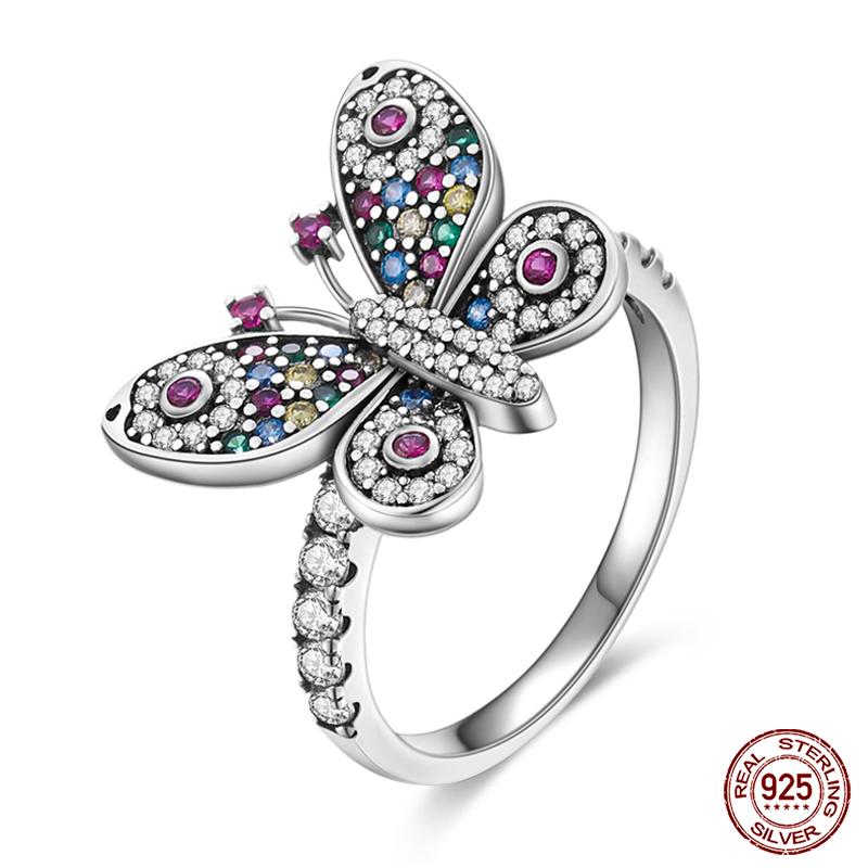 Real 925 Silver Plate Colorful Dragonfly Butterfly Cubic Zircon Rings For Women Wedding Engagement Birthday Jewelry Gift