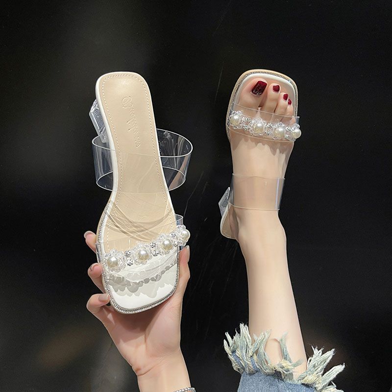 French thick heel cool slippers women's summer wear 2025 new fairy style pearl word with transparent crystal high heels