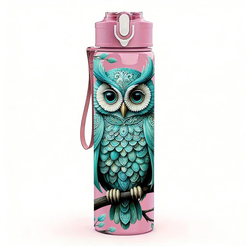 1PC Forest Owl Teal Vintage Illustration Art 750ml Color Plastic Sports Water Bottle Leakproof Flip Straw Lid Suitable for Sports Office Home Use
