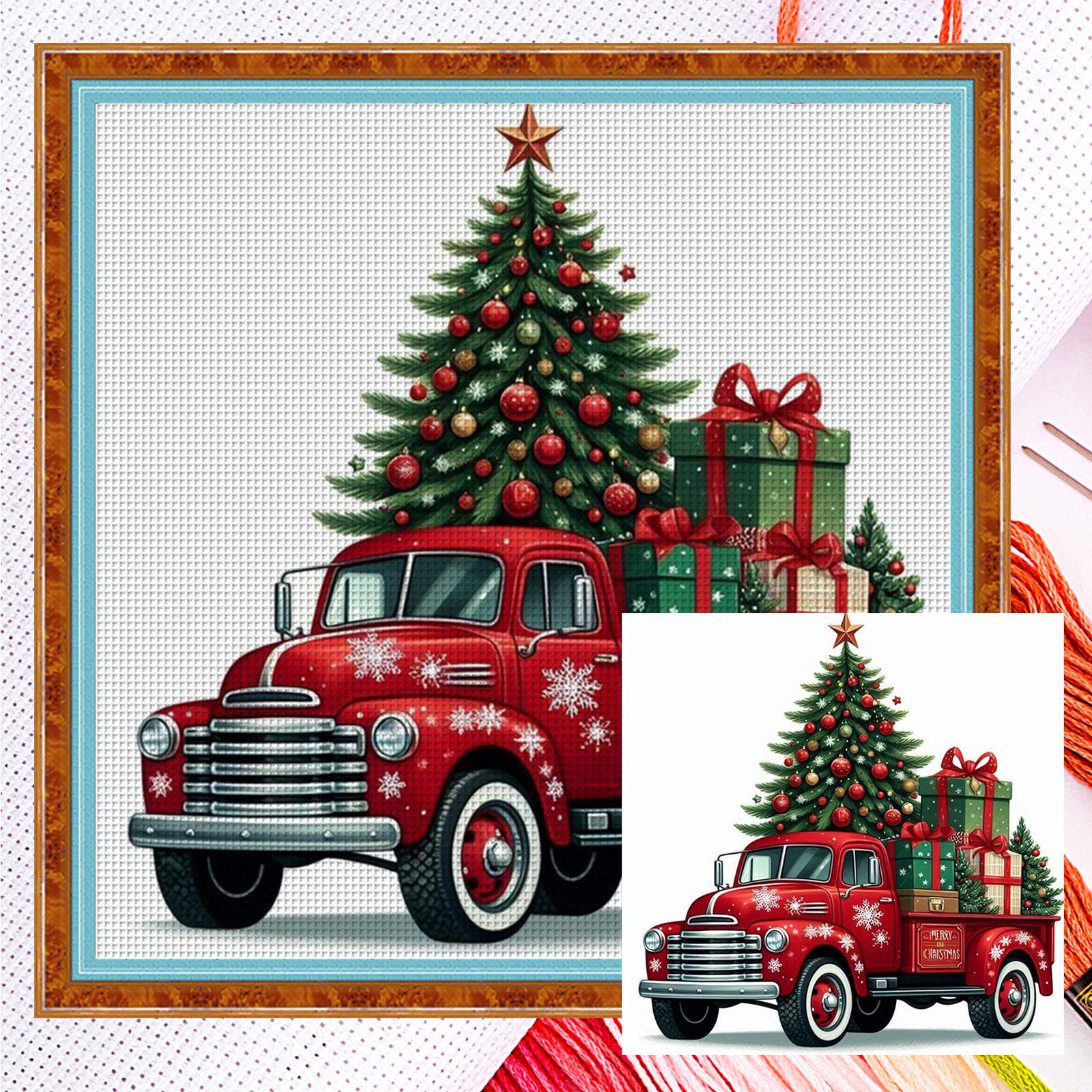 

Xmas Tree Truck Full 11CT 3 Strands DIY Counted Cross Stitch Patterns Arts Craft Kits 40x40cm for Beginners Adults Home Decor