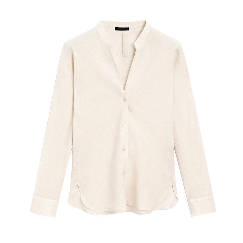 MD Spring and Summer Women's Clothing French Minimalist Style Fancy V Neck Light Linen Blended Long Sleeves Shirt 5122505