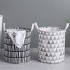 Round Folding Grid Stripe Laundry Storage Basket Clothes Holder Bucket Organizer