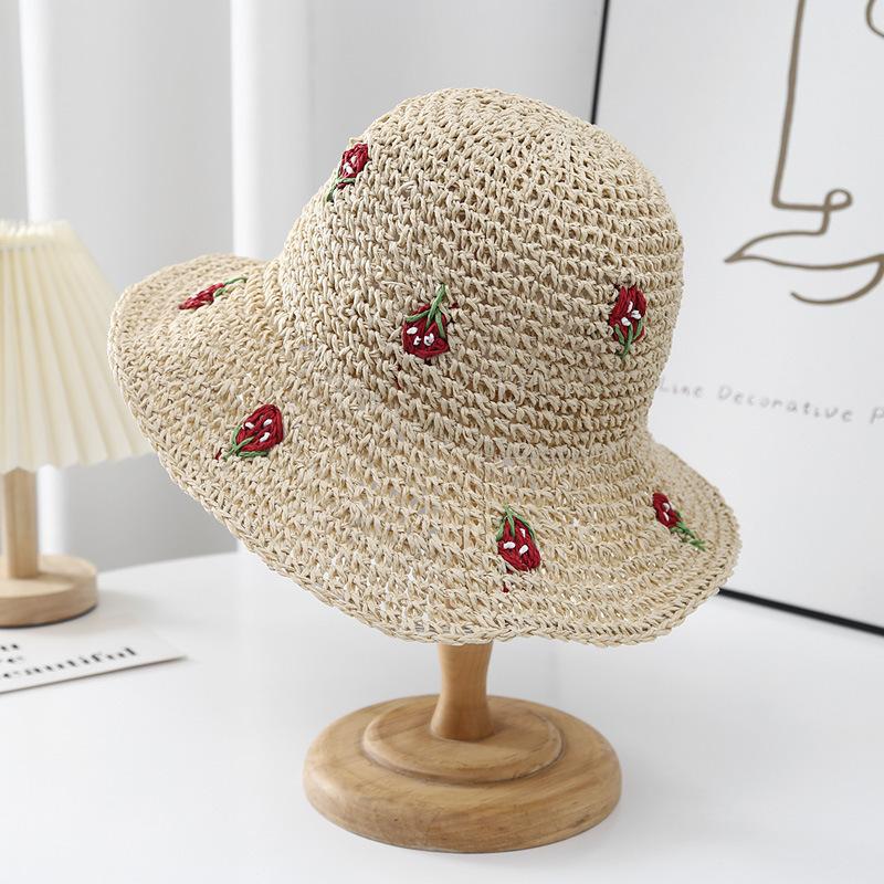 Летняя Шляпа Женская с Рисунком Клубники Защита от Солнца Широкополая Кепка-Рыбак Шляпа от Солнца Складная Защита от Солнца Пляжные Аксессуары для Побережья Шляпа от Солнца 56-58cm