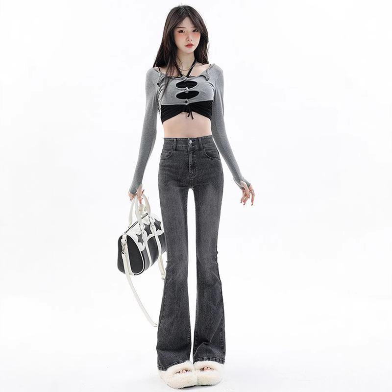 

Women s High Waist Retro Smoke Gray Flared Jeans - Stylish Spring/Autumn Elastic Horseshoe Blue Pants Medium