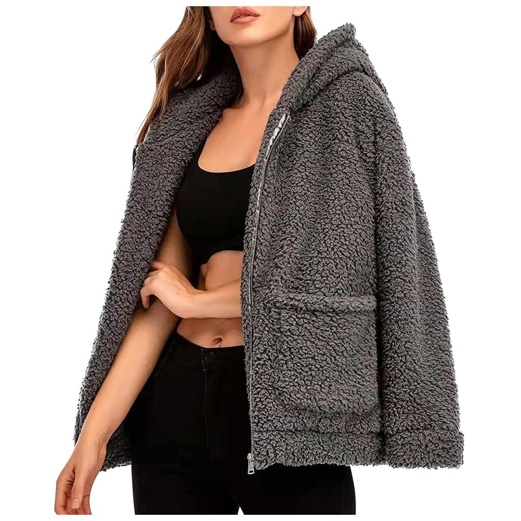 Fashion Casual Ladies Hooded Sweater Plush Pocket Top Solid Color Coat