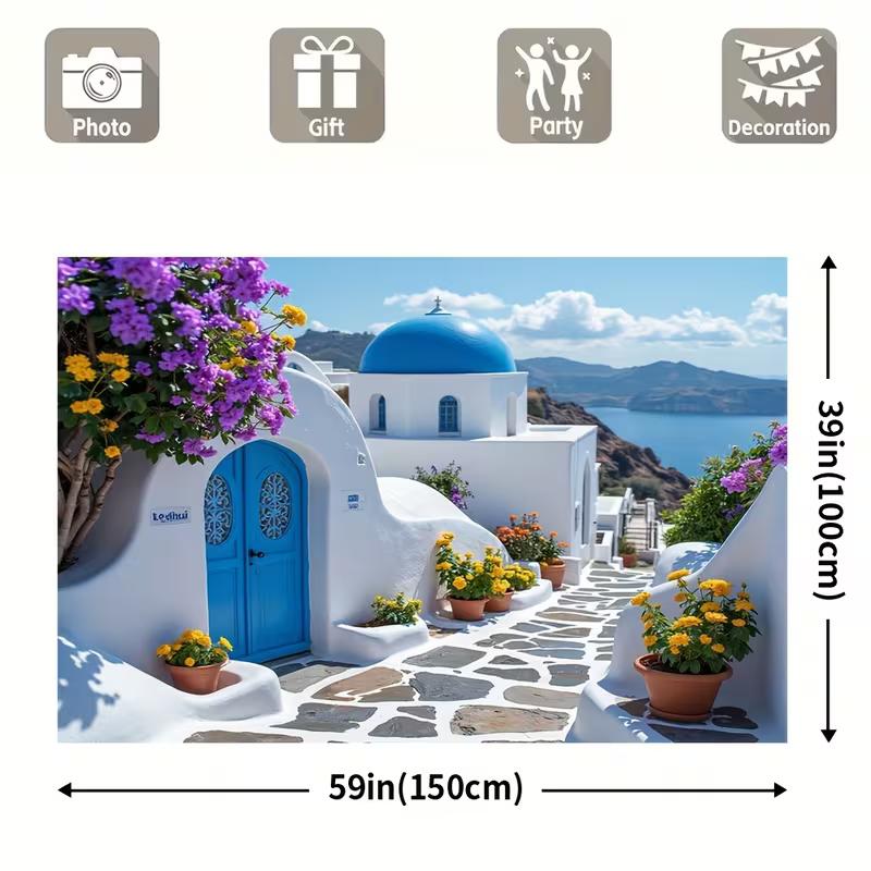 Santorini Greece Tapestry Backdrop, Mediterranean Coastal Background for Photoshoot
