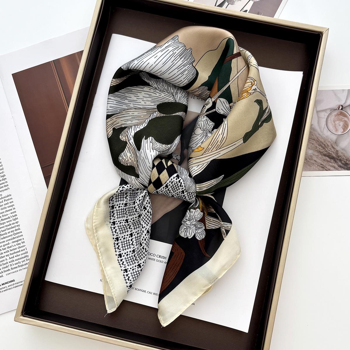 

Новая шаль с цветочным принтом, квадратный шарф для женщин, мягкие атласные накидки, шейный платок, женские резинки для волос, лента для волос, бандана 70x70CM