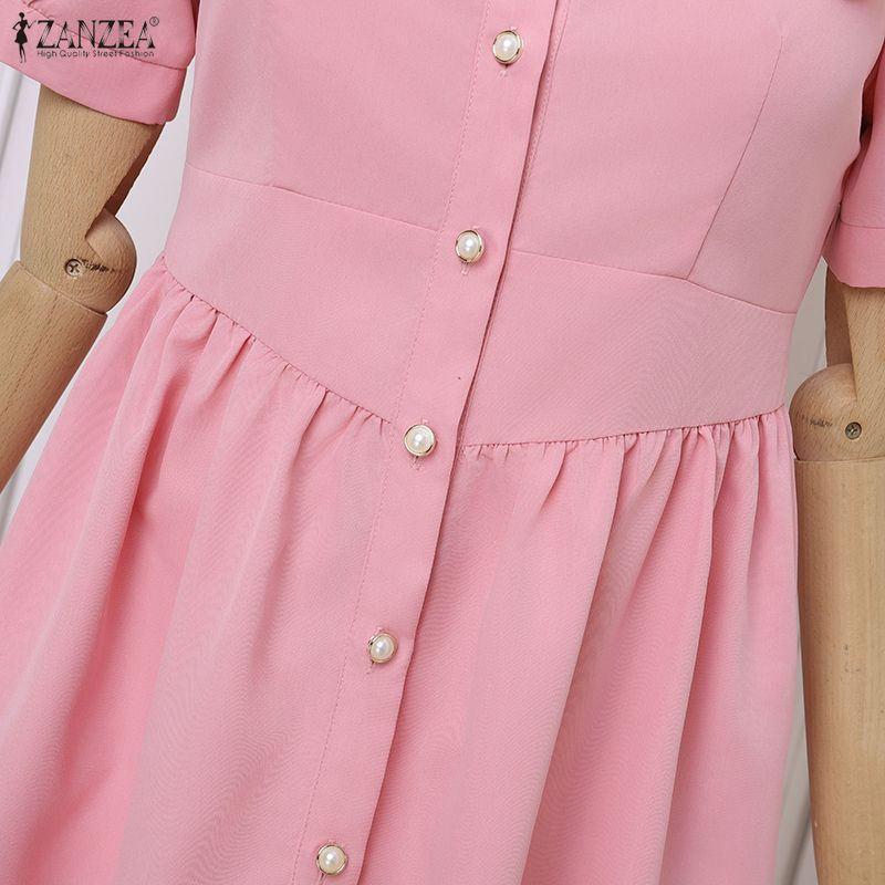 ZANZEA Vestido Casual de Verão Feminino com Gola Reversível, Cor Sólida e Manga Curta