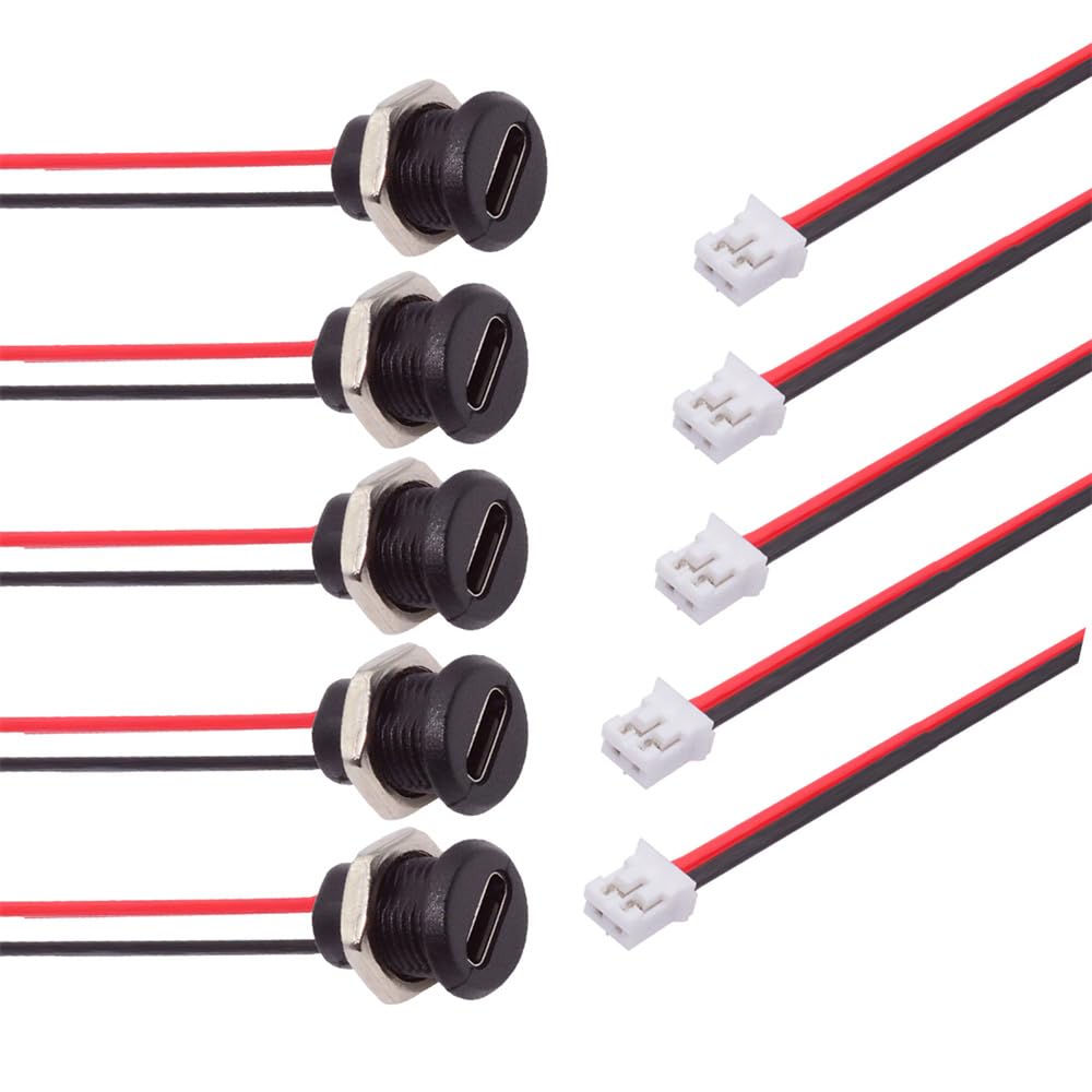 Cablecc Reversible Female DIY OEM Socket Cable Pitch Panel Mount DC 5V Power 5pcs/Set Type-C - 2-Pin Header, = 2.0mm, Type,