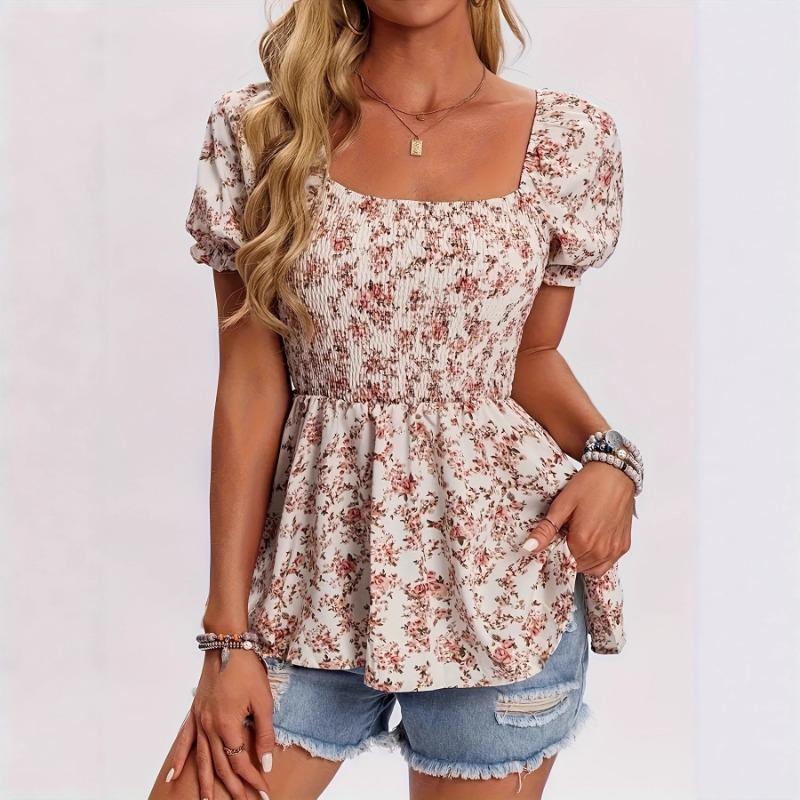 Women Summer Casual Square Neck Smocked Puff Sleeve Floral Blouse For Vacation