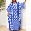 Plus Size Summer Women 3/4 Sleeve Floral Striped Print Casual Loose Long  Maxi Robe Dress