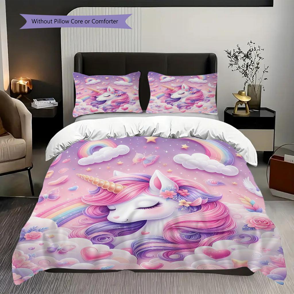 Einhorn auf den Wolken Bettwäsche, Bettbezug, Kissenbezug, Heimdekoration, Geburtstagsgeschenk (1 * Bettbezug+2 * Kissenbezug, ohne Füllung)