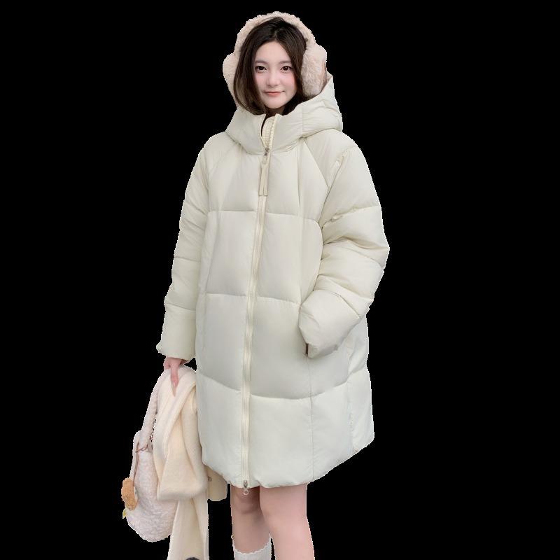 New down cotton cotton jacket women's long versatile puffs solid color hooded fresh winter thickened coat