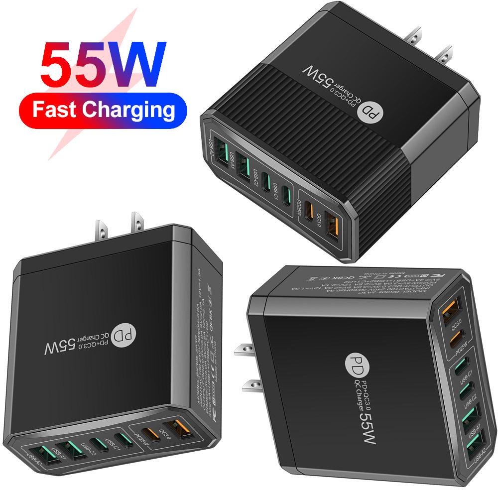 55W QC 3.0 Six-Port Fast Mobile Charger with PD, USB Ports, EU/US/UK Compatibility