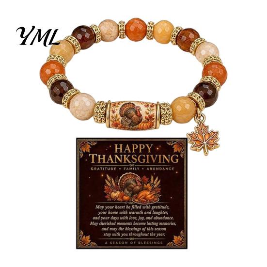 Commemorative Daily Wear Jewelry Thanksgiving Bracelet for Women, Holiday Beaded with Turkey Bucket Bead Maple Leaf Charm, Elastic Stretch Fall