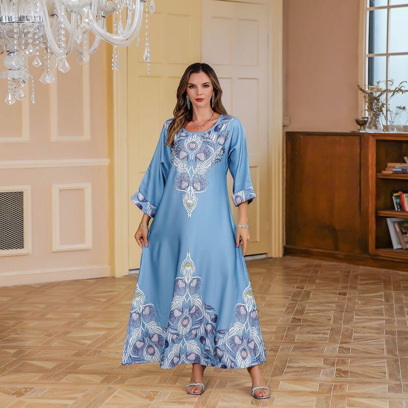 Indonesian Arab Middle East Round Neck Robe Women Dubai Hot Rhinestone Ethnic Print Beads Long Dress Dress