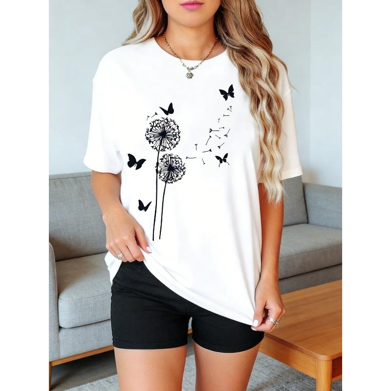 Women's Dandelion Butterfly Print Tee Round Neck Short Sleeve Summer Casual Comfort Top