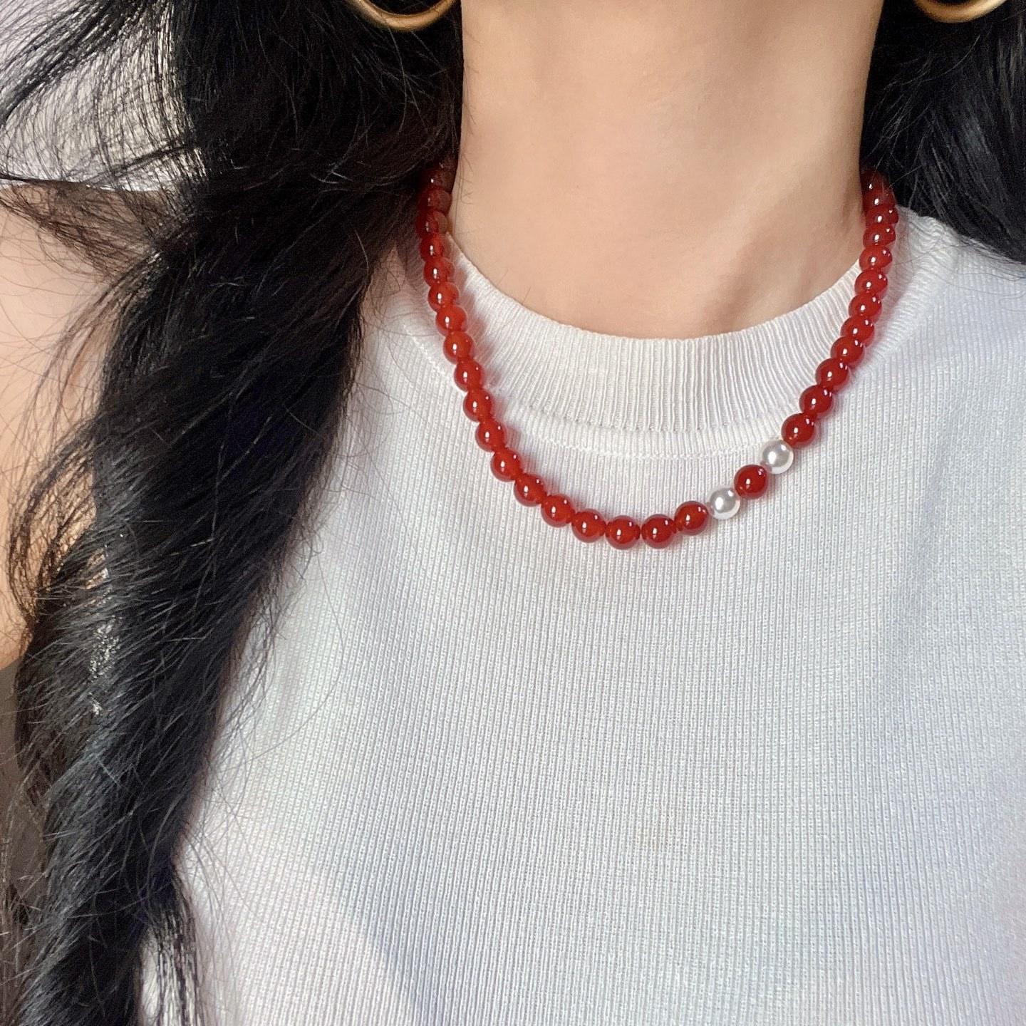 8Mm High Quality Ice-Permeable Pigeon Blood Red Natural Chalcedony Necklace Collarbone Chain