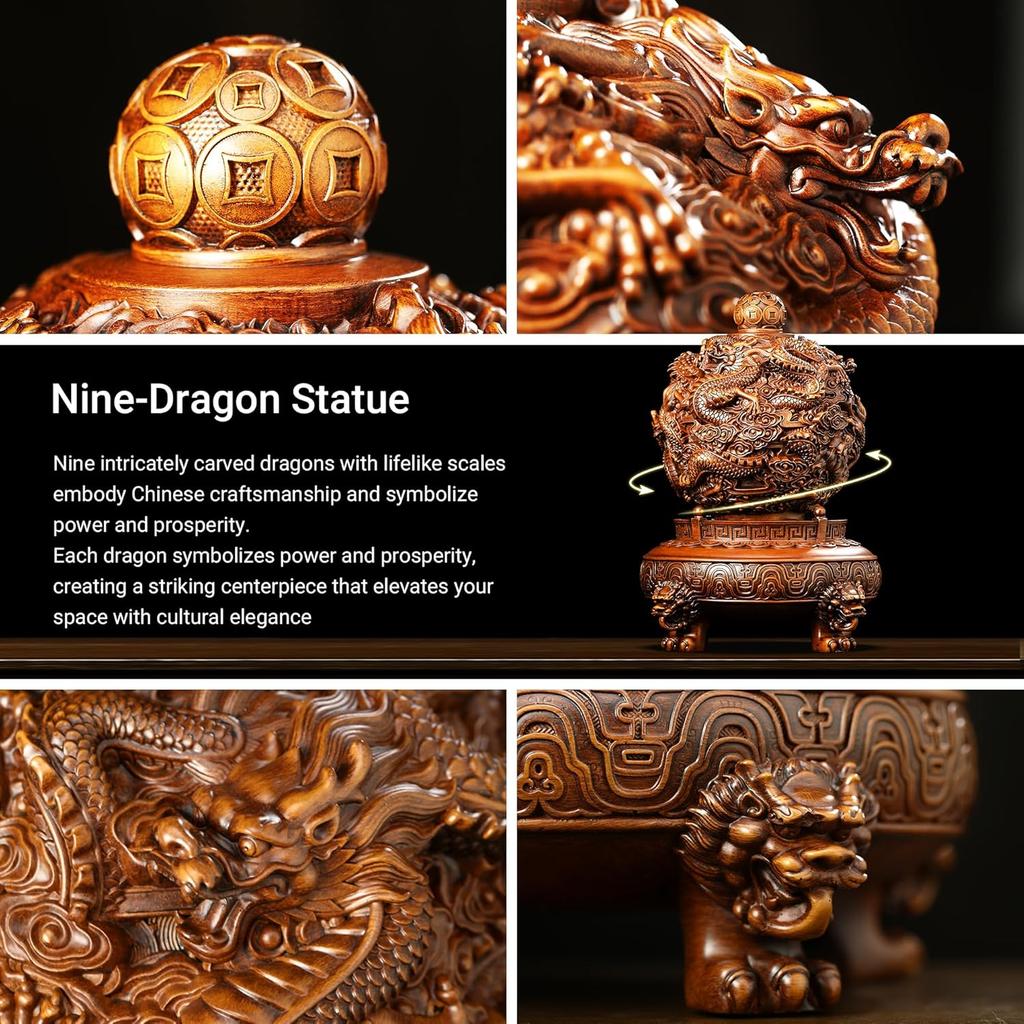 Aris & Juno 360° Rotating Nine Dragon Turn Qiankun, Feng Shui Resin Sculpture for Wealth & Protection, Lucky Charm for Home & Office Décor