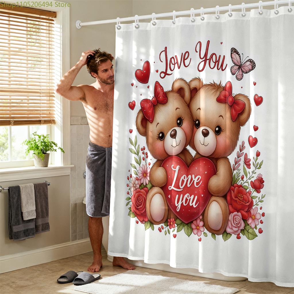 1pc Romantic Valentine's Day Bear Printed Waterproof Privacy Shower Curtain with 12 Hooks, Multiple Sizes, Easy Installation