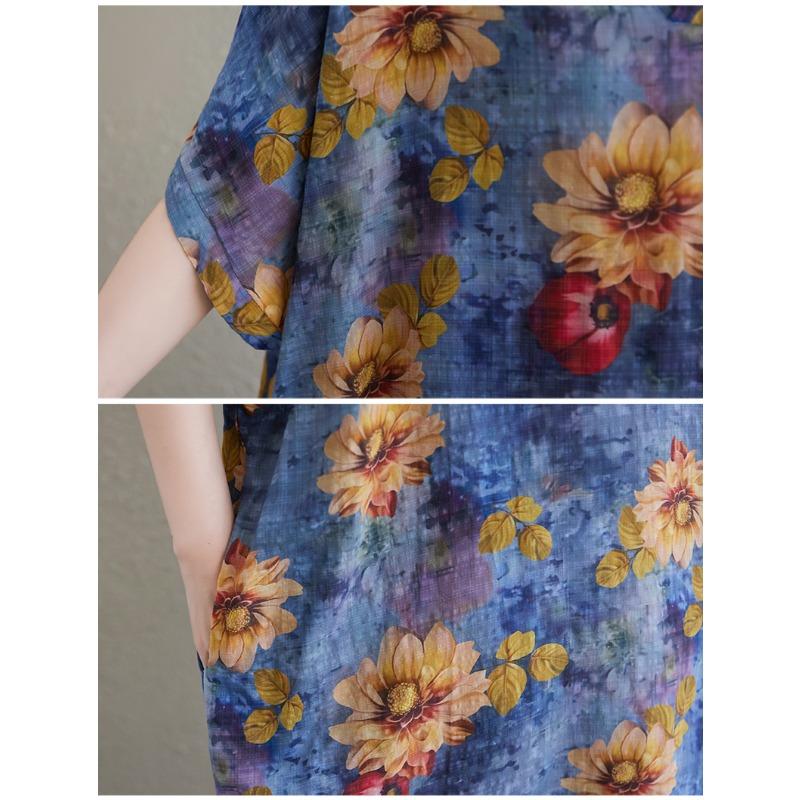 DIMANAF 2025 Summer Plus Size New Dress Beach Basic Loose Women Casual Flower Printing V-Neck Long Vintage Dress Maxi