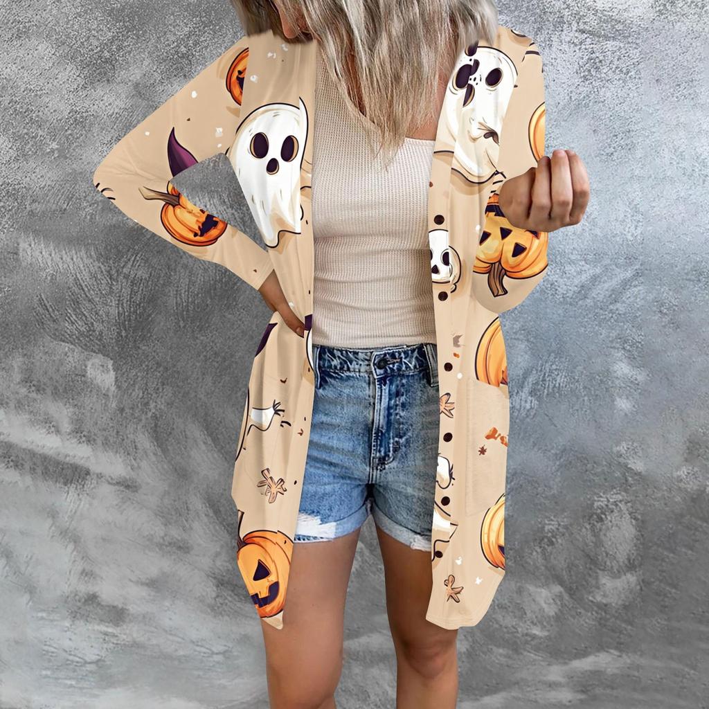 Women's Casual Cardigan Halloween Printed Long Sleeve Top With Pockets