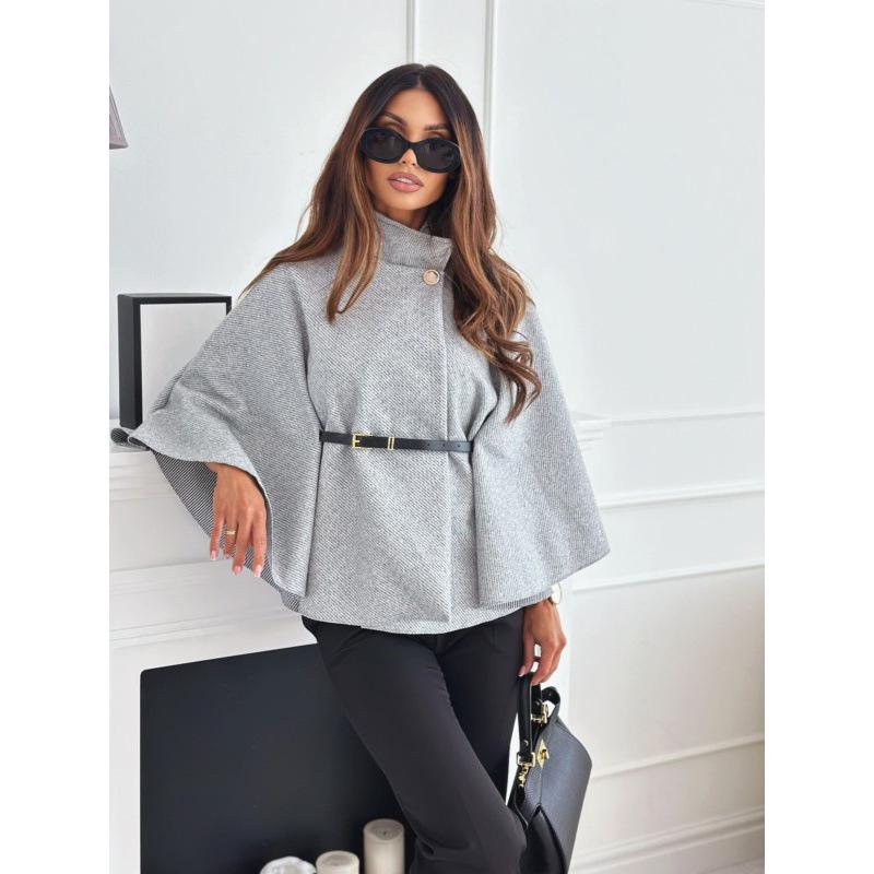 Solid Color Waist-Tied Wool Cape Coat