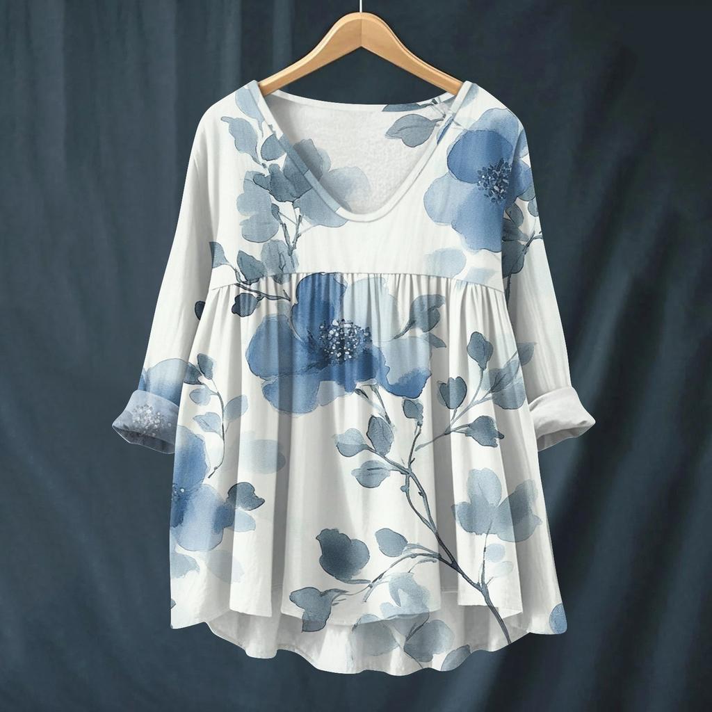 Women's Fashionable And Casual Shirt Long-sleeved V-neck Print Cotton And Linen Blouse