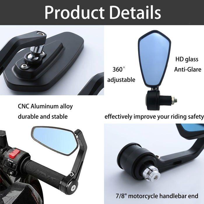 Rétroviseurs Moto 7/8" 22mm Retroviseur Moto Embout de Guidon Anti-Glare Retroviseur Latéraux Moto Yamaha Suzuki Kawasaki